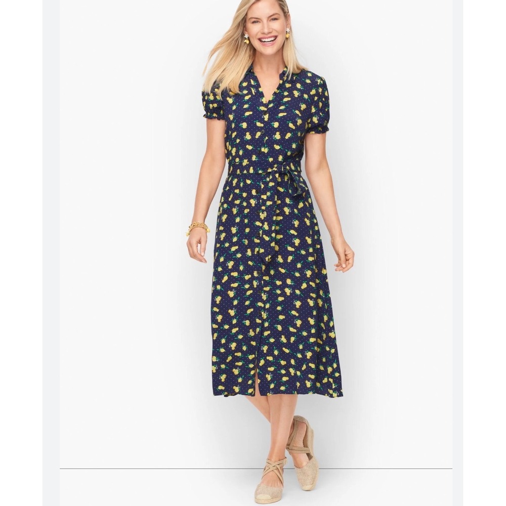 Talbots Plus Size‎ 16w Navy Lemon Print Short Sleeve Midi Shirt Dress Belted NWT